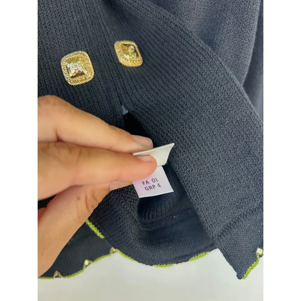St. John Black Military Jacket Santana Knit Zip Gold Buttons Sweater Preppy 2